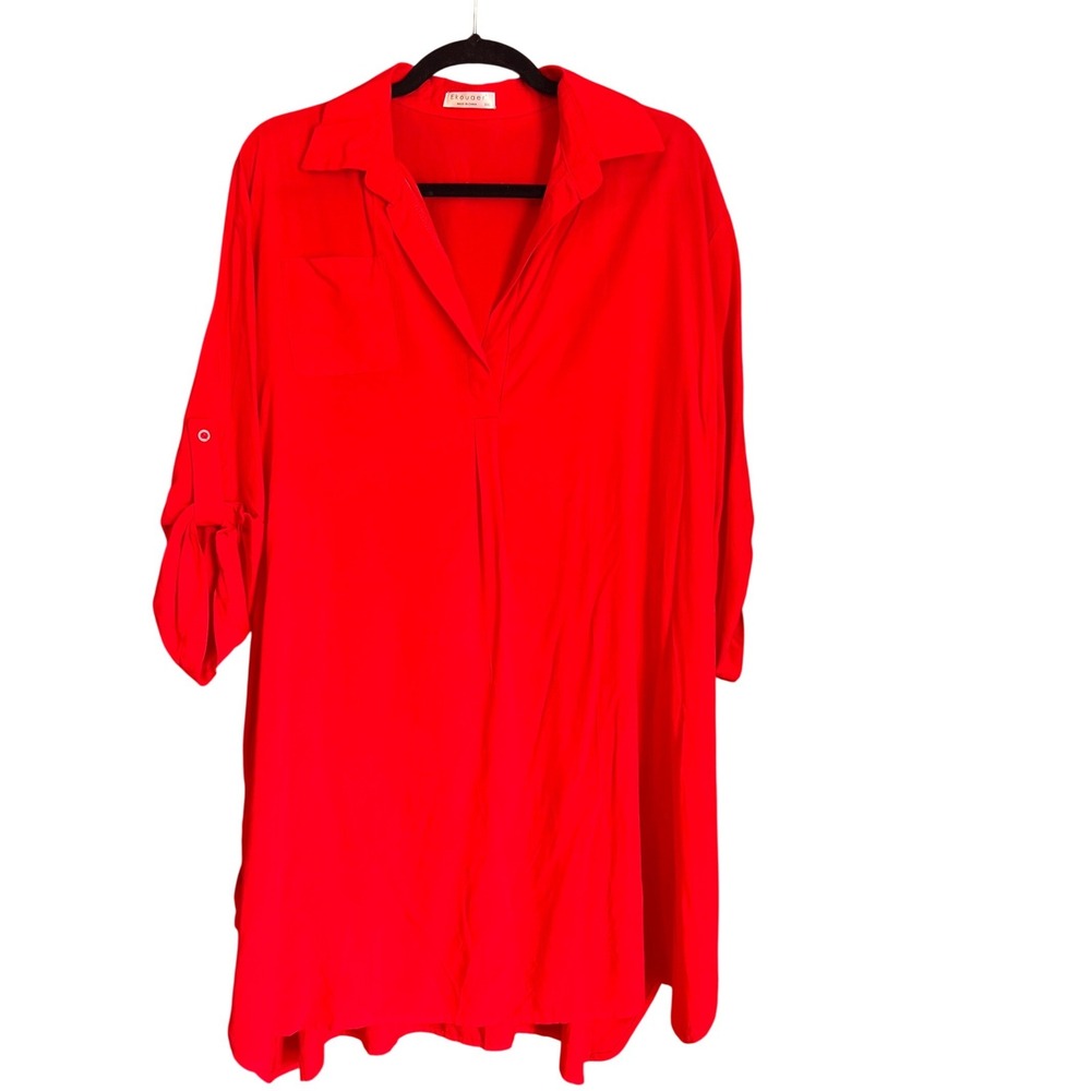 Women Red Collared‎ Roll Tab Sleeve Shirt Dress Tunic XXL
